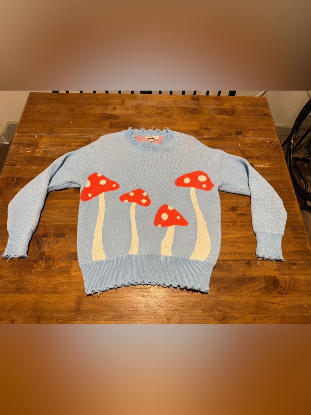 Light Blue Mushroom Motif Sweater - Casual Knit Pullover